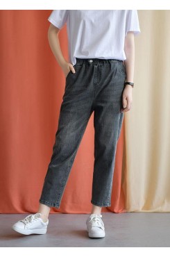 women new fall black gray cotton loose pants casual elastic waist jeans