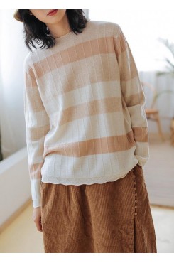 Chunky striped sweaters plus size o neck long sleeve top