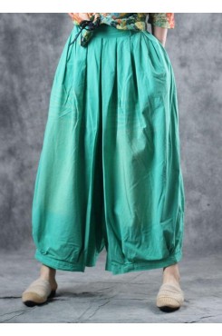 fashion women cotton green crop pants plus size elastic waist wide leg pants