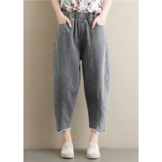 Summer new literary large size gray trousers loose elastic waist casual nine points jeans