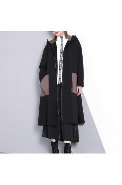 New black Winter coat oversize Hooded zippered outwear fine pockets trench coat