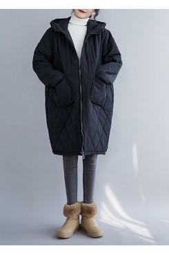 Black Pockets Fine Cotton Filled Hooded Winter Coats