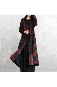 Fine burgundy print coats oversized o neck tie waist outwear Elegant long sleeve pockets coats dresses