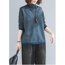 Aesthetic spring blue striped knit tops plus size clothing high neck clothes For Women
