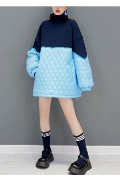 Blue Loose knit Patchwork Fine Cotton Filled Dresses Spring