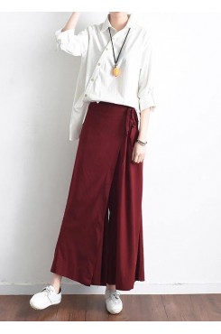 2019 autumn original design literary retro tie irregular wide leg casual burgundy pants