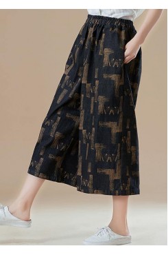 Women elastic waist wide leg pants cotton quilting clothes Drops Design Photography khaki print