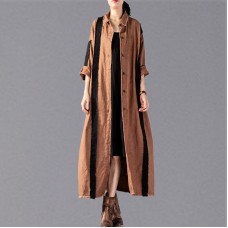 women khaki long coat Loose fitting patchwork pockets outwear New Turn-down Collar long coats