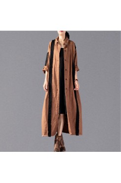 women khaki long coat Loose fitting patchwork pockets outwear New Turn-down Collar long coats