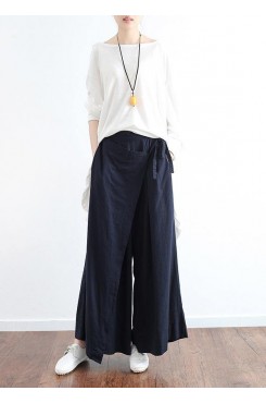 New dark blue ladies loose tie irregular wide leg cotton and linen pants