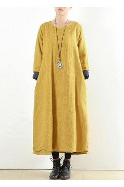 Unique yellow cotton clothes Women thick warm  Maxi o neck Dresses