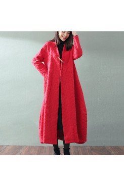 boutique red maxi coat trendy plus size V neck baggy Coats fine Jacquard wool coat