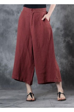 2019 red loose linen pants fall women pockets wide leg pants