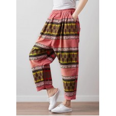 French Vintage red High Waist Pants For Women Pakistani Summer linen clothes