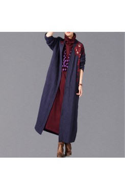 Fashion blue maxi coat oversized embroidery baggy trench coat New side open Coat